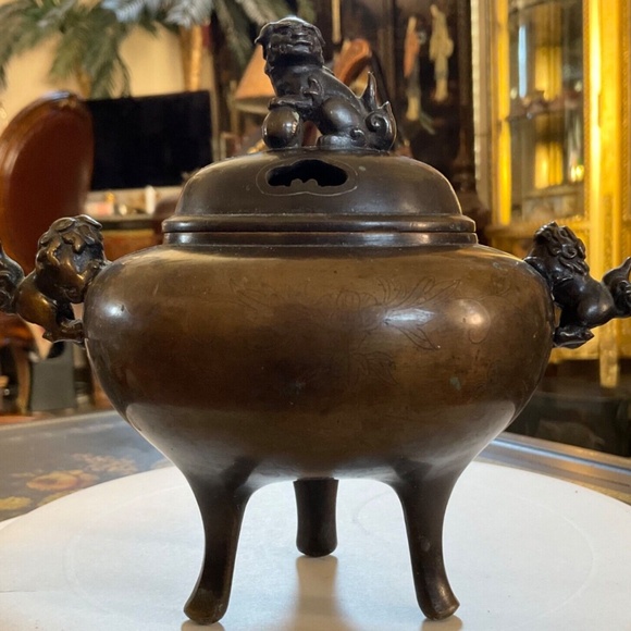 1800s Japanese Koro Bronze Censer Incense Burner Temple Lion Dogs Meiji 5.5”X5”